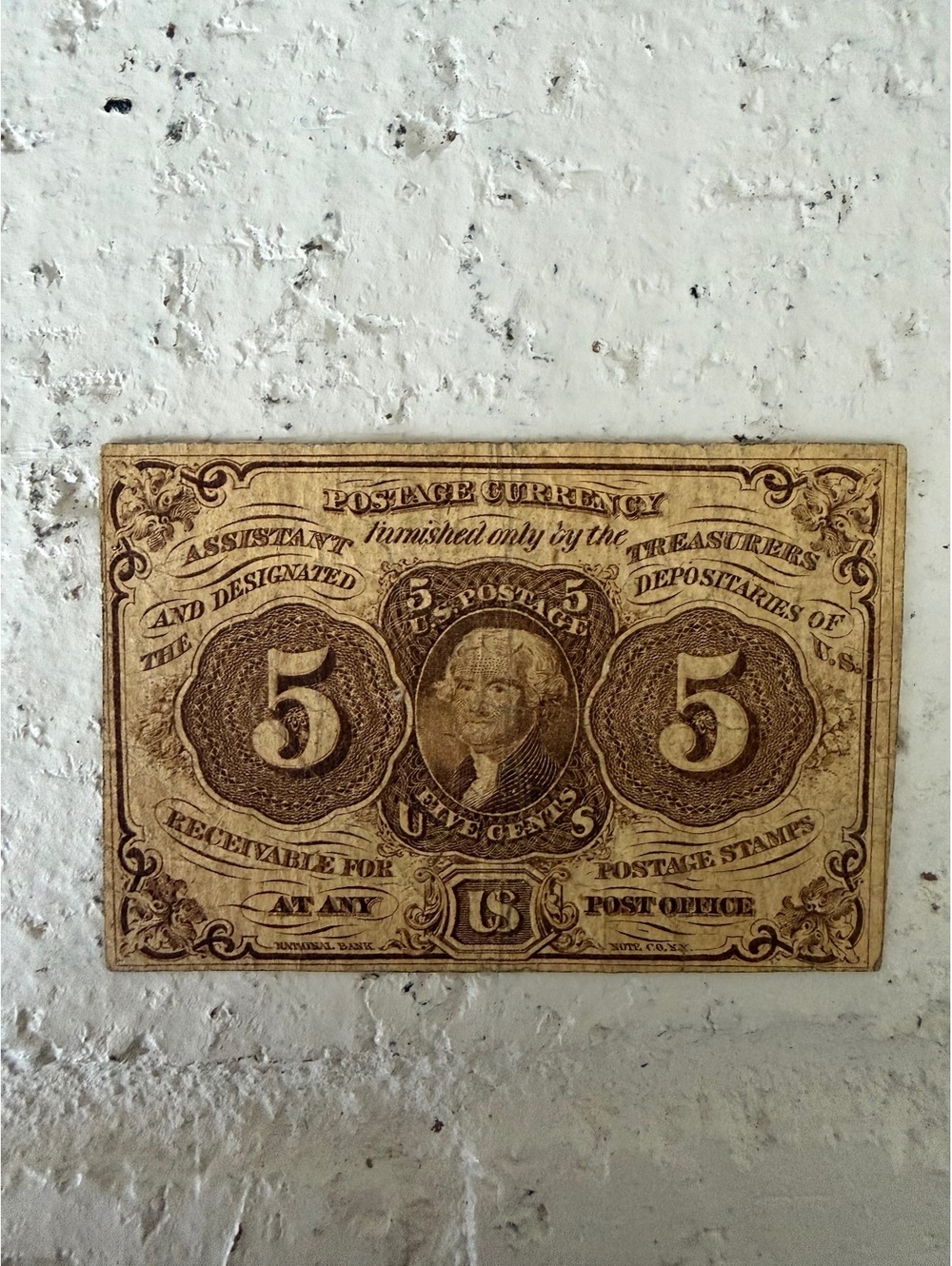 Vintage United States 5 Cent Postage Currency Note from 1862
